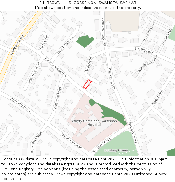 14, BROWNHILLS, GORSEINON, SWANSEA, SA4 4AB: Location map and indicative extent of plot