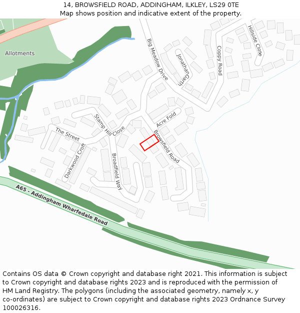 14, BROWSFIELD ROAD, ADDINGHAM, ILKLEY, LS29 0TE: Location map and indicative extent of plot