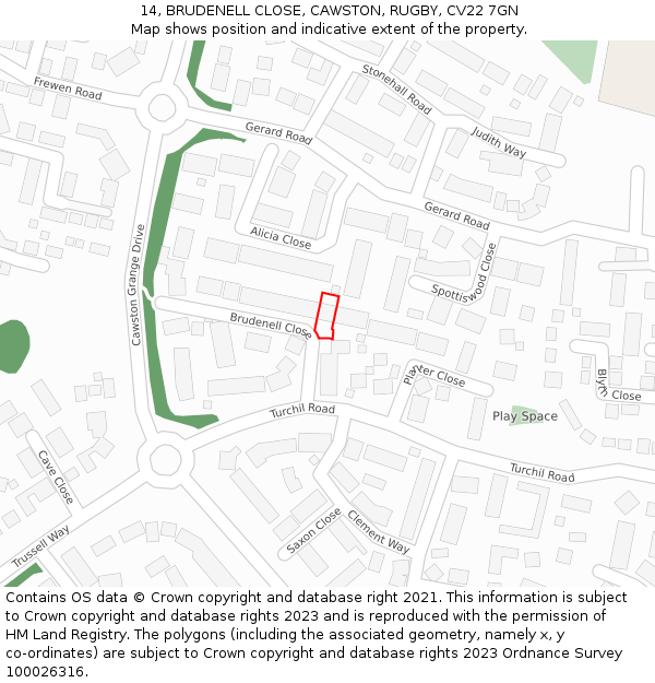 14, BRUDENELL CLOSE, CAWSTON, RUGBY, CV22 7GN: Location map and indicative extent of plot