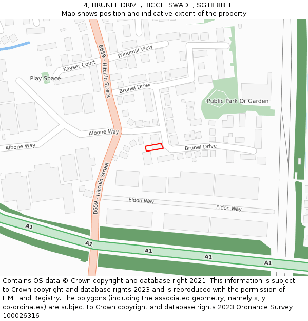 14, BRUNEL DRIVE, BIGGLESWADE, SG18 8BH: Location map and indicative extent of plot