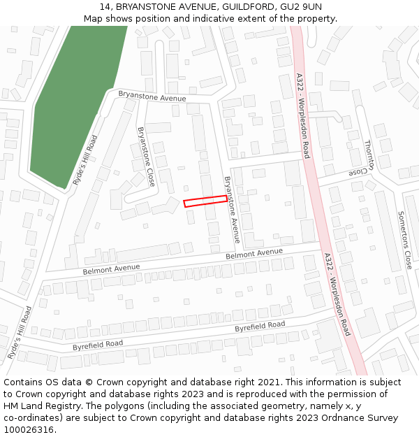 14, BRYANSTONE AVENUE, GUILDFORD, GU2 9UN: Location map and indicative extent of plot