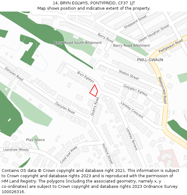14, BRYN EGLWYS, PONTYPRIDD, CF37 1JT: Location map and indicative extent of plot
