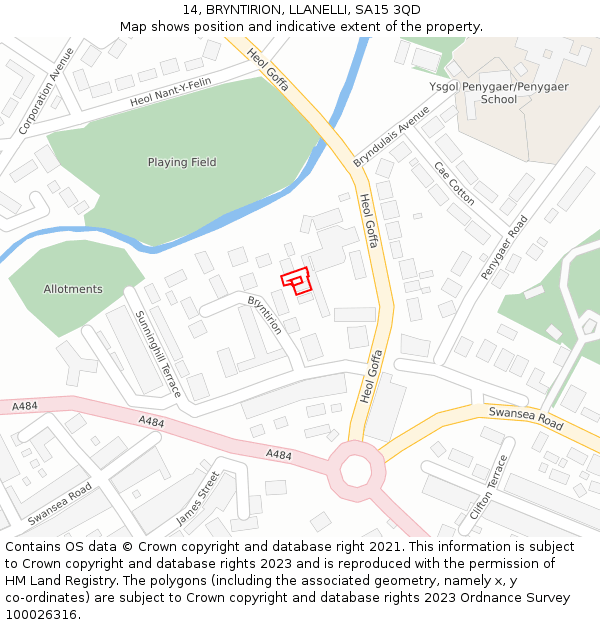 14, BRYNTIRION, LLANELLI, SA15 3QD: Location map and indicative extent of plot
