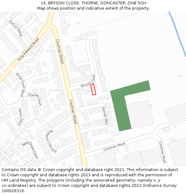 14, BRYSON CLOSE, THORNE, DONCASTER, DN8 5GH: Location map and indicative extent of plot