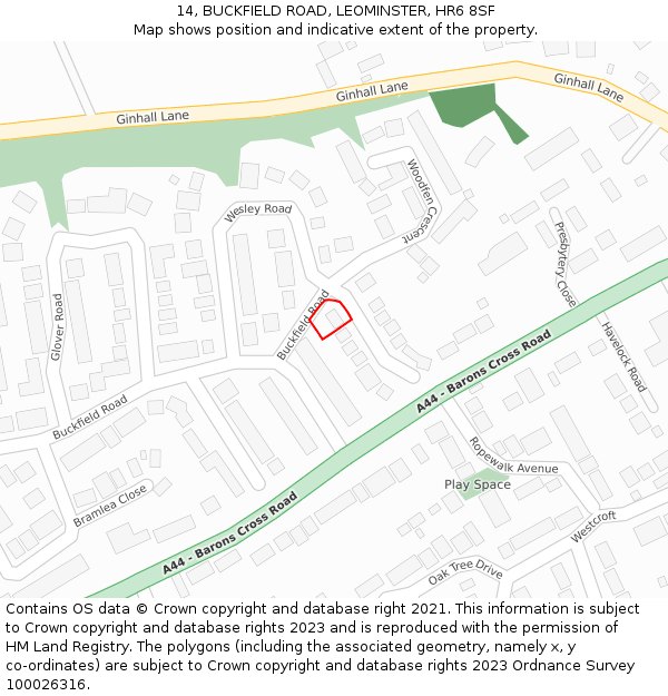 14, BUCKFIELD ROAD, LEOMINSTER, HR6 8SF: Location map and indicative extent of plot