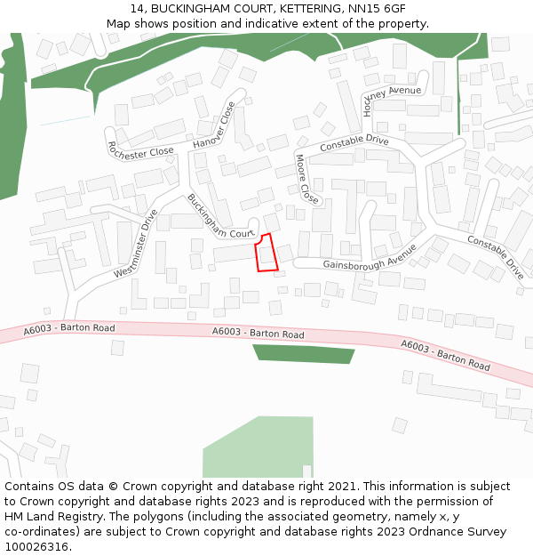 14, BUCKINGHAM COURT, KETTERING, NN15 6GF: Location map and indicative extent of plot