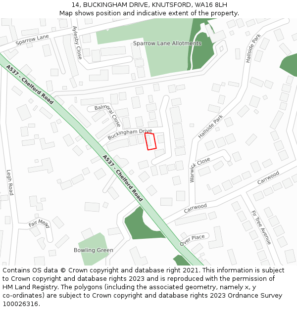 14, BUCKINGHAM DRIVE, KNUTSFORD, WA16 8LH: Location map and indicative extent of plot