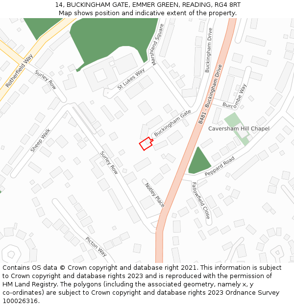 14, BUCKINGHAM GATE, EMMER GREEN, READING, RG4 8RT: Location map and indicative extent of plot