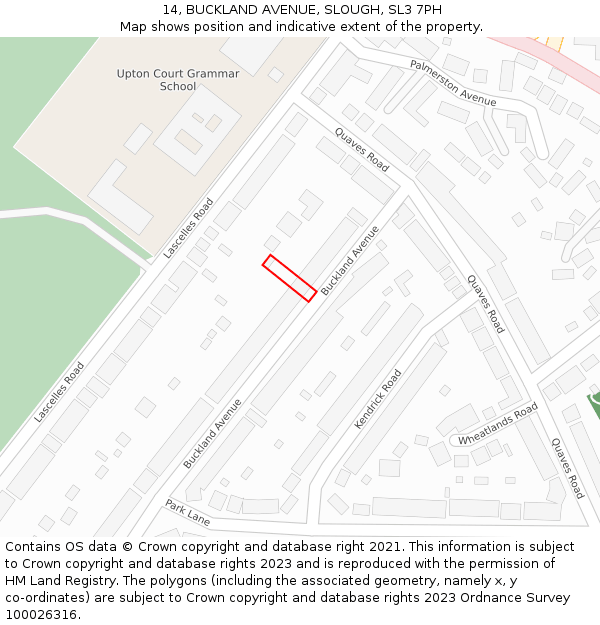 14, BUCKLAND AVENUE, SLOUGH, SL3 7PH: Location map and indicative extent of plot