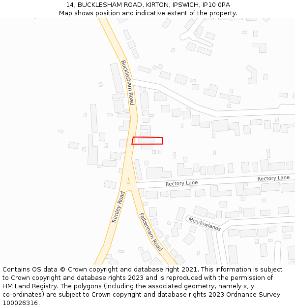 14, BUCKLESHAM ROAD, KIRTON, IPSWICH, IP10 0PA: Location map and indicative extent of plot