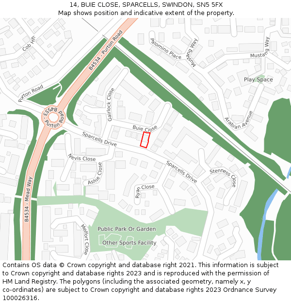 14, BUIE CLOSE, SPARCELLS, SWINDON, SN5 5FX: Location map and indicative extent of plot