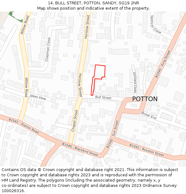 14, BULL STREET, POTTON, SANDY, SG19 2NR: Location map and indicative extent of plot