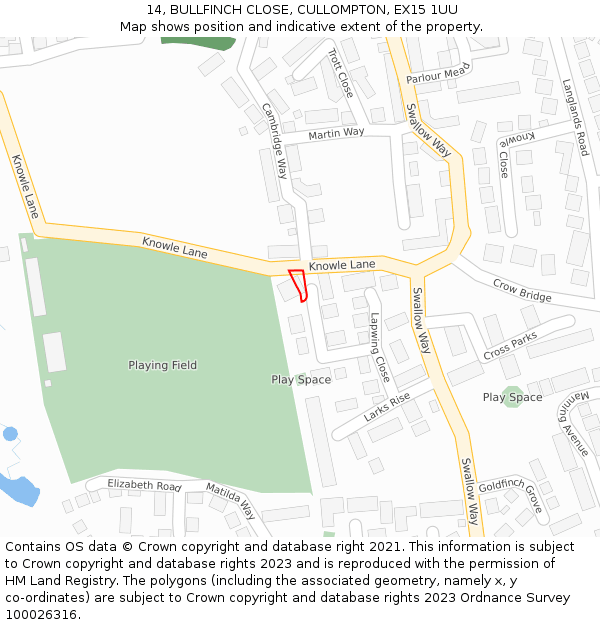 14, BULLFINCH CLOSE, CULLOMPTON, EX15 1UU: Location map and indicative extent of plot