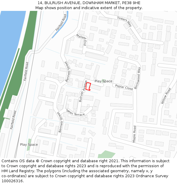 14, BULRUSH AVENUE, DOWNHAM MARKET, PE38 9HE: Location map and indicative extent of plot