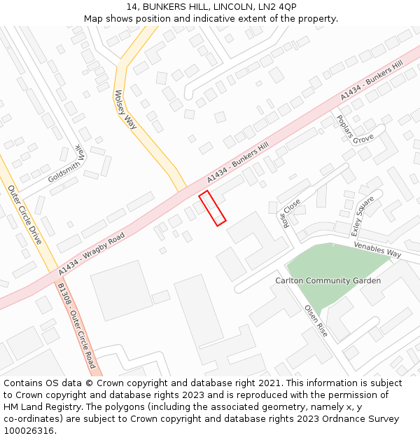 14, BUNKERS HILL, LINCOLN, LN2 4QP: Location map and indicative extent of plot