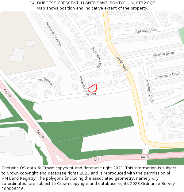 14, BURGESS CRESCENT, LLANTRISANT, PONTYCLUN, CF72 8QB: Location map and indicative extent of plot