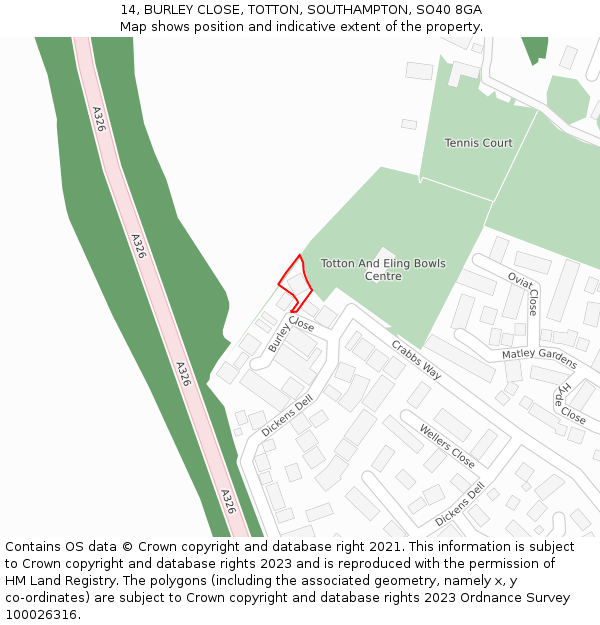 14, BURLEY CLOSE, TOTTON, SOUTHAMPTON, SO40 8GA: Location map and indicative extent of plot