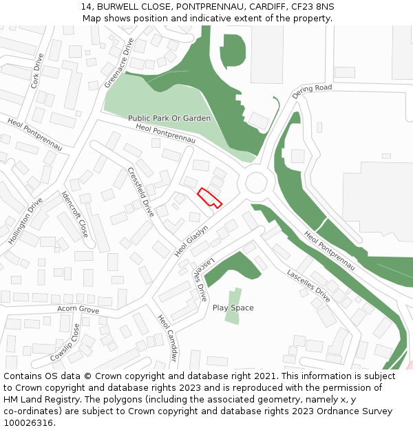 14, BURWELL CLOSE, PONTPRENNAU, CARDIFF, CF23 8NS: Location map and indicative extent of plot