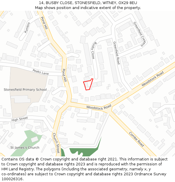 14, BUSBY CLOSE, STONESFIELD, WITNEY, OX29 8EU: Location map and indicative extent of plot