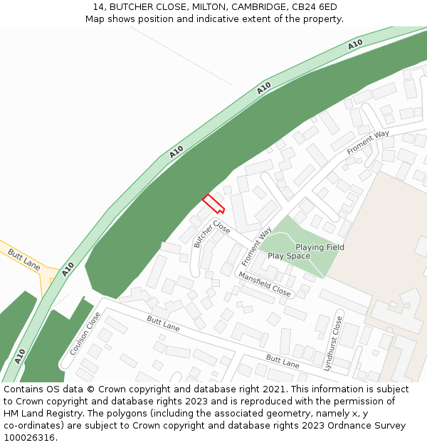 14, BUTCHER CLOSE, MILTON, CAMBRIDGE, CB24 6ED: Location map and indicative extent of plot