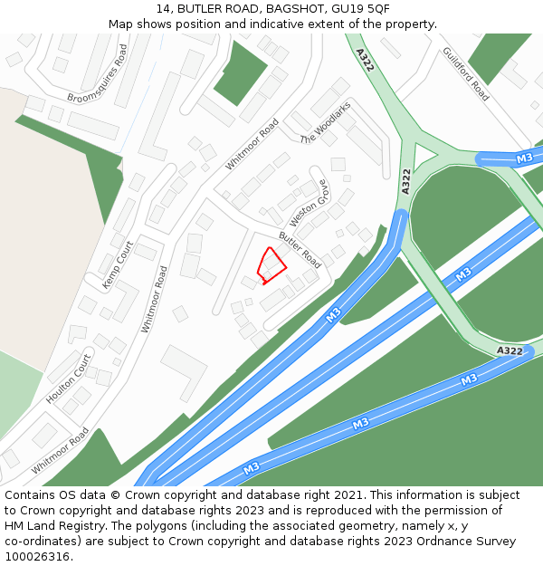 14, BUTLER ROAD, BAGSHOT, GU19 5QF: Location map and indicative extent of plot