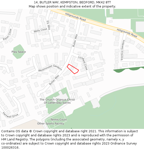 14, BUTLER WAY, KEMPSTON, BEDFORD, MK42 8TT: Location map and indicative extent of plot