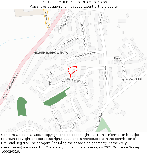 14, BUTTERCUP DRIVE, OLDHAM, OL4 2QS: Location map and indicative extent of plot