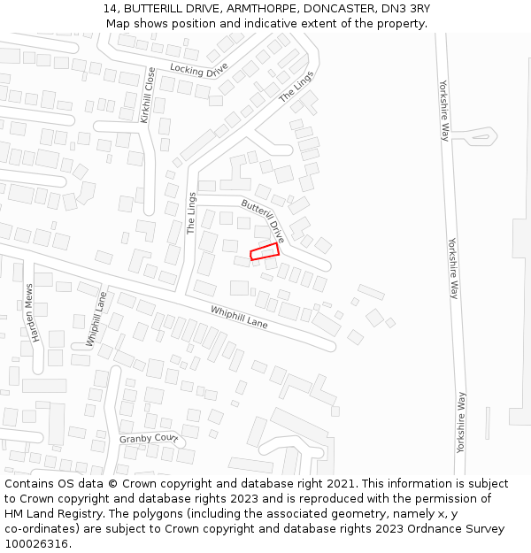 14, BUTTERILL DRIVE, ARMTHORPE, DONCASTER, DN3 3RY: Location map and indicative extent of plot