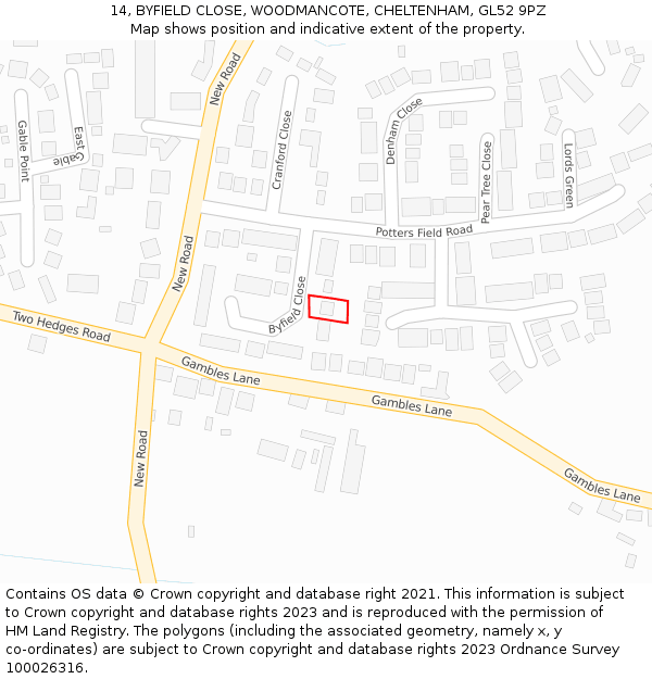 14, BYFIELD CLOSE, WOODMANCOTE, CHELTENHAM, GL52 9PZ: Location map and indicative extent of plot