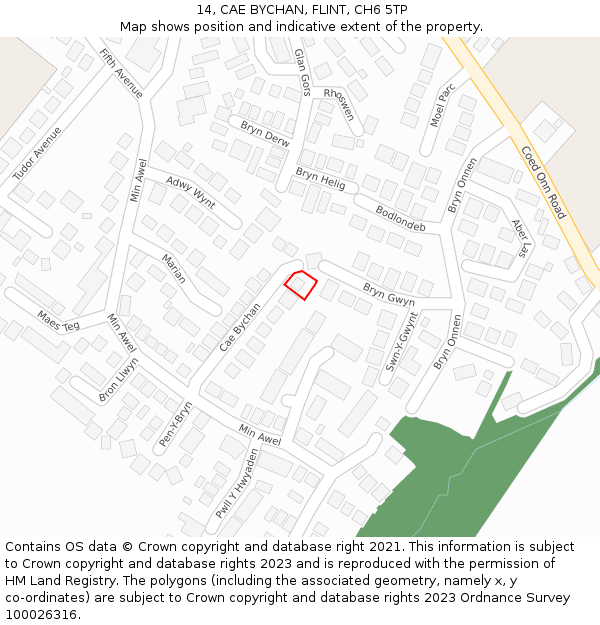 14, CAE BYCHAN, FLINT, CH6 5TP: Location map and indicative extent of plot