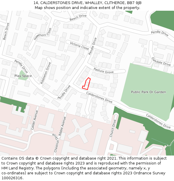 14, CALDERSTONES DRIVE, WHALLEY, CLITHEROE, BB7 9JB: Location map and indicative extent of plot