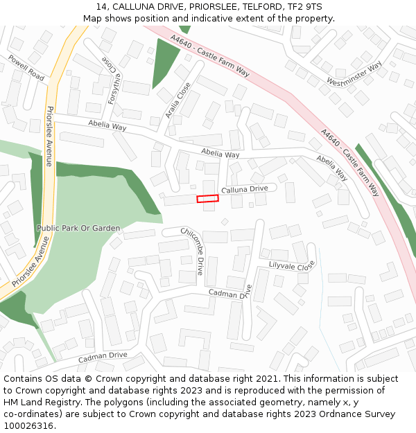 14, CALLUNA DRIVE, PRIORSLEE, TELFORD, TF2 9TS: Location map and indicative extent of plot