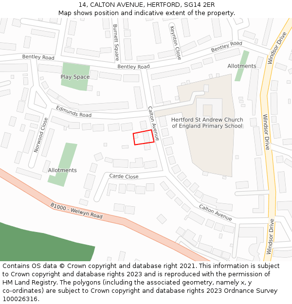 14, CALTON AVENUE, HERTFORD, SG14 2ER: Location map and indicative extent of plot