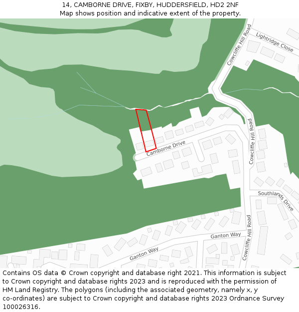 14, CAMBORNE DRIVE, FIXBY, HUDDERSFIELD, HD2 2NF: Location map and indicative extent of plot