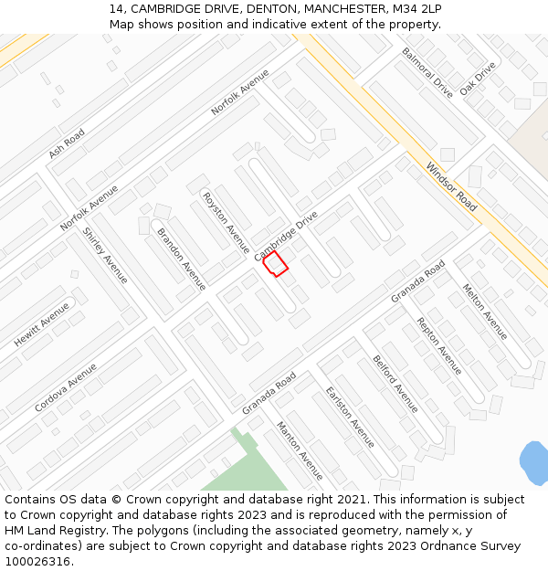 14, CAMBRIDGE DRIVE, DENTON, MANCHESTER, M34 2LP: Location map and indicative extent of plot