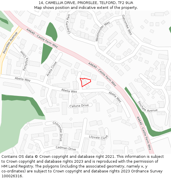 14, CAMELLIA DRIVE, PRIORSLEE, TELFORD, TF2 9UA: Location map and indicative extent of plot