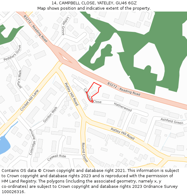 14, CAMPBELL CLOSE, YATELEY, GU46 6GZ: Location map and indicative extent of plot