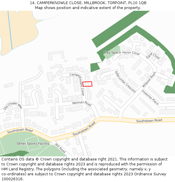 14, CAMPERKNOWLE CLOSE, MILLBROOK, TORPOINT, PL10 1QB: Location map and indicative extent of plot