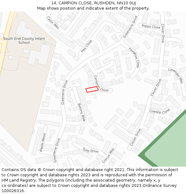 14, CAMPION CLOSE, RUSHDEN, NN10 0UJ: Location map and indicative extent of plot