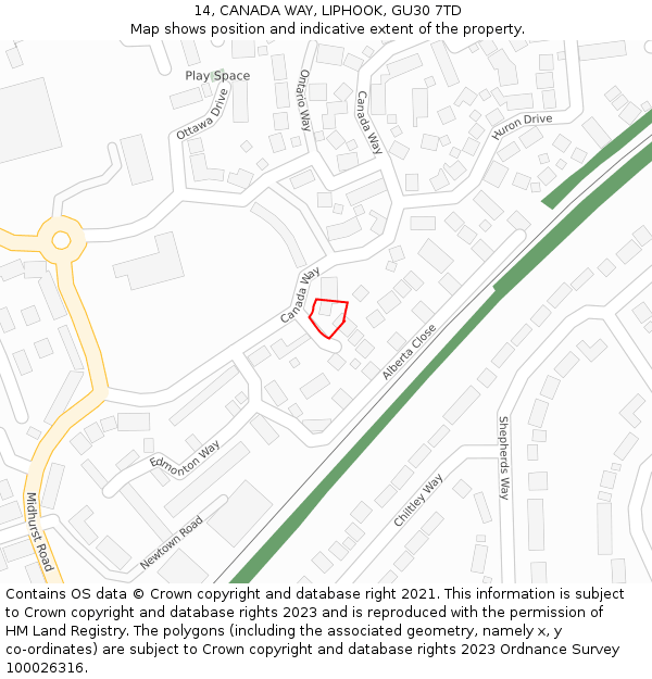 14, CANADA WAY, LIPHOOK, GU30 7TD: Location map and indicative extent of plot