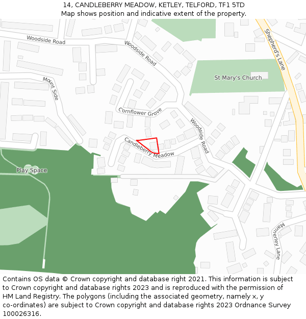 14, CANDLEBERRY MEADOW, KETLEY, TELFORD, TF1 5TD: Location map and indicative extent of plot