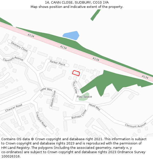 14, CANN CLOSE, SUDBURY, CO10 1YA: Location map and indicative extent of plot