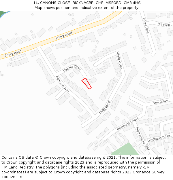 14, CANONS CLOSE, BICKNACRE, CHELMSFORD, CM3 4HS: Location map and indicative extent of plot