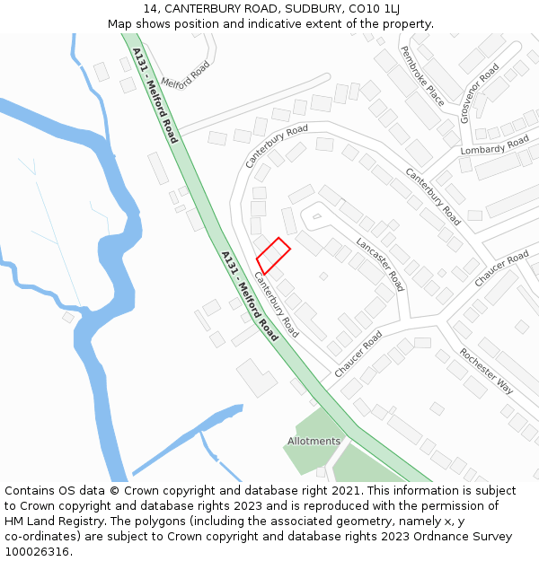 14, CANTERBURY ROAD, SUDBURY, CO10 1LJ: Location map and indicative extent of plot