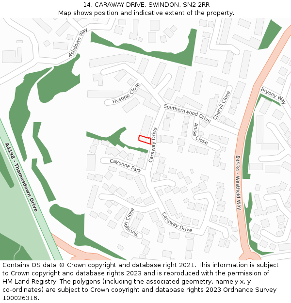 14, CARAWAY DRIVE, SWINDON, SN2 2RR: Location map and indicative extent of plot