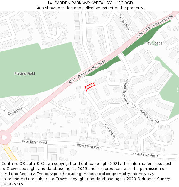 14, CARDEN PARK WAY, WREXHAM, LL13 9GD: Location map and indicative extent of plot