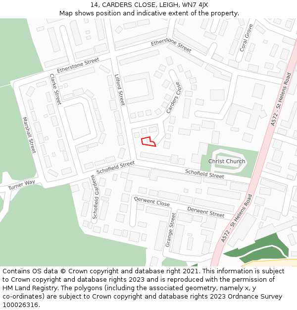 14, CARDERS CLOSE, LEIGH, WN7 4JX: Location map and indicative extent of plot