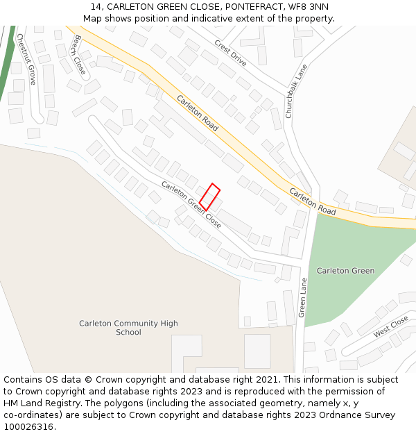 14, CARLETON GREEN CLOSE, PONTEFRACT, WF8 3NN: Location map and indicative extent of plot