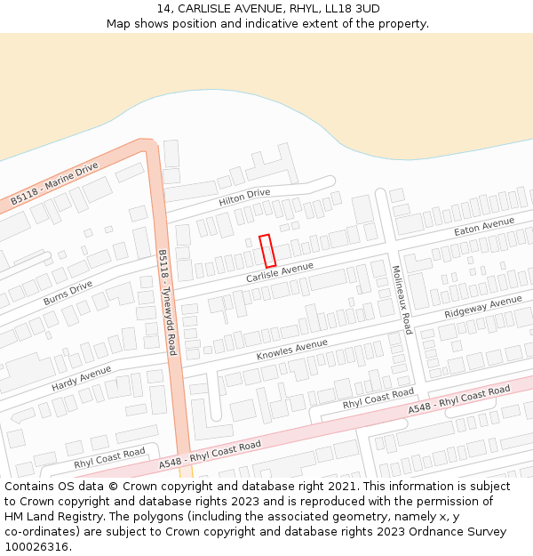 14, CARLISLE AVENUE, RHYL, LL18 3UD: Location map and indicative extent of plot