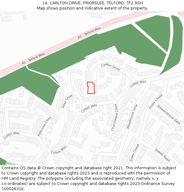 14, CARLTON DRIVE, PRIORSLEE, TELFORD, TF2 9SH: Location map and indicative extent of plot